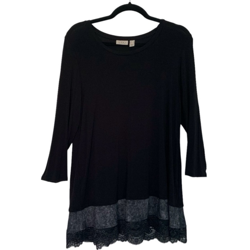 LOGO by Lori Goldstein QVC Women’s Tunic Top Black & Gray Marbled Lace Hem M
